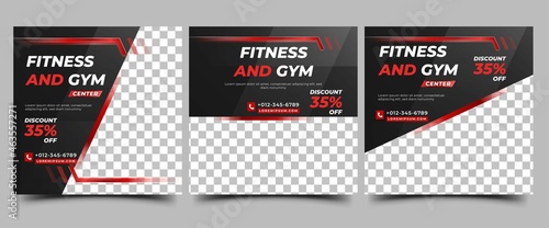 Gym and fitness social media post template design. Set of editable modern square banner with black color background and red shape. Usable for social media post, banner, and website.