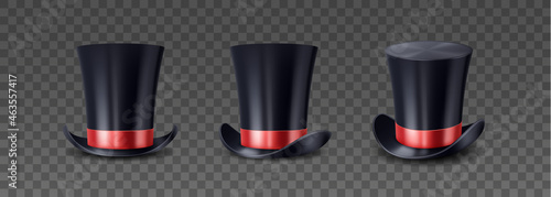 Magician top hat, black vintage cylinder cap with red bow. Circus performer headwear for magic trick