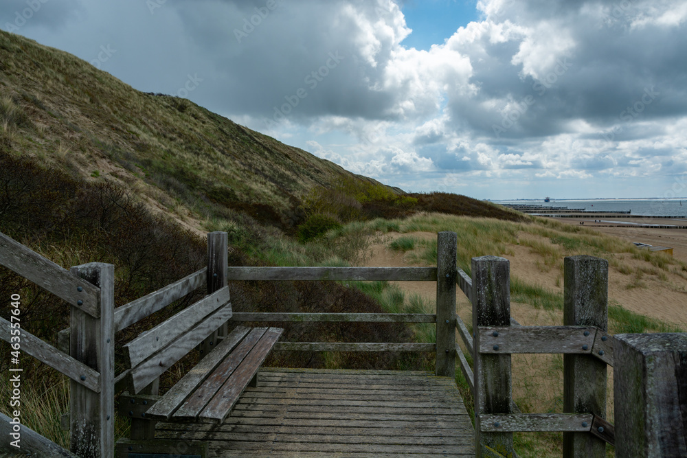 View on white sandy beach, dunes and water of North sea between Vlissingen en Domburg, Zeeland, Netherlands View on white sandy beach, dunes and water of North sea between Vlissingen en Domburg, Zeeland, Netherlands