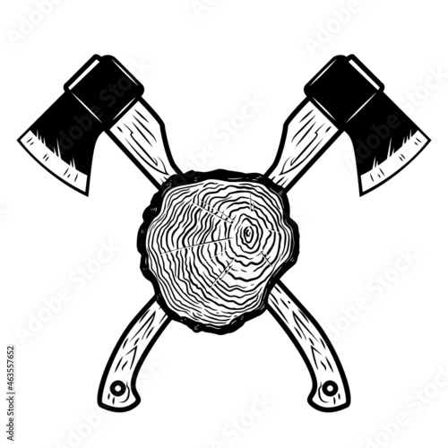 Crossed lumberjack axes with wood cut. Design element for logo, emblem, sign, poster, t shirt. Vector illustration