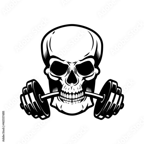 Skull with barbell in teeth. Vector illustration