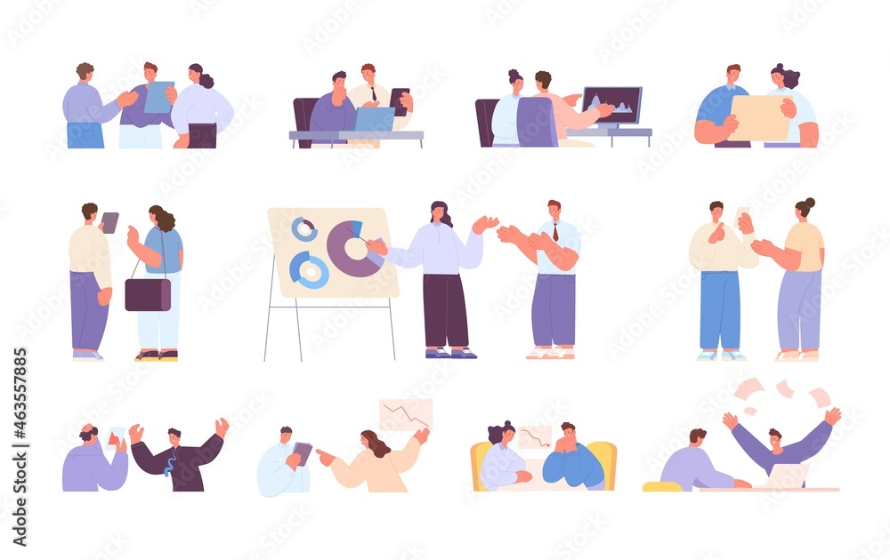 Office routine. People working, financial business project. Communication and collaboration, effective management. Adults work utter vector set Office routine. People working, financial business project. Communication and collaboration, effective management. Adults work utter vector set