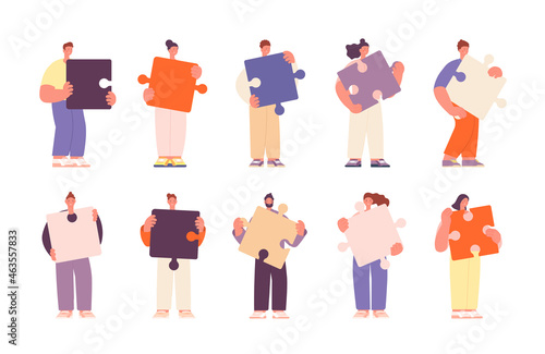 People with puzzle pieces. Connected partners, friends hold connecting elements. Businessman group, communication utter vector characters