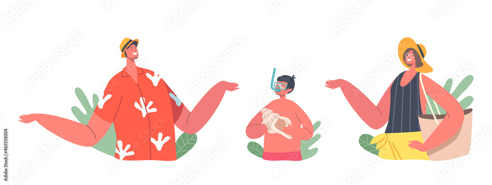 Set Mother, Father and Little Son Summer Recreation, Man and Woman Wear Summer Clothes, Boy in Snorkeling Mask Set Mother, Father and Little Son Summer Recreation, Man and Woman Wear Summer Clothes, Boy in Snorkeling Mask