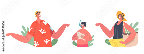 Set Mother, Father and Little Son Summer Recreation, Man and Woman Wear Summer Clothes, Boy in Snorkeling Mask