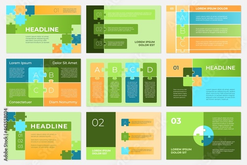 Puzzle presentation templates. Infographic concept, business sliders step by step. Work project, modern structure jigsaw banners recent vector set