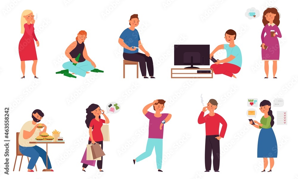 Person with bad habits. Nicotine addiction, tired woman need coffee break. People drink, smoke cigarette. Stop drugs, unhealthy life decent vector set