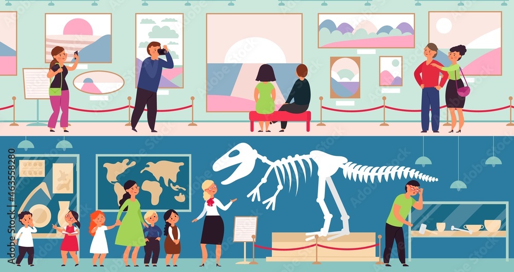 Obraz premium People in museum. Cultural kids, art gallery. Adults and children looking dinosaur skeleton, abstract exhibit visitors. Exhibitions decent vector concept