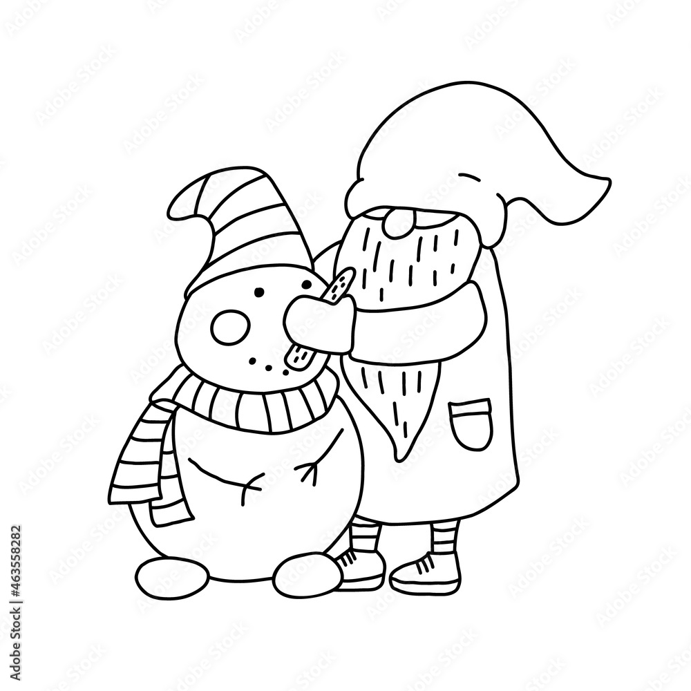 Gnome making a snowman. Doodle hand drawn vector illustration isolated on white. Great for coloring books. Gnome making a snowman. Doodle hand drawn vector illustration isolated on white. Great for coloring books.