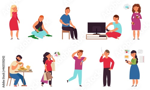 Person with bad habits. Nicotine addiction, tired woman need coffee break. People drink, smoke cigarette. Stop drugs, unhealthy life decent vector set