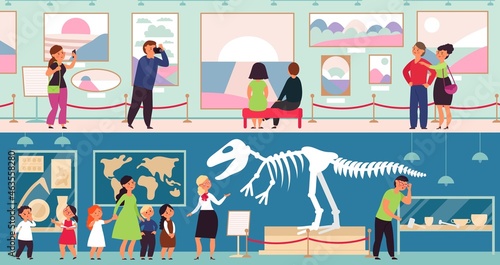 People in museum. Cultural kids, art gallery. Adults and children looking dinosaur skeleton, abstract exhibit visitors. Exhibitions decent vector concept