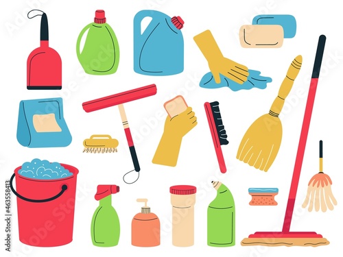 Cleaning service supplies. Tools for clean and wash, house accessories. Broom and dustpan, doodle bucket with soap foam. Equipment decent vector set