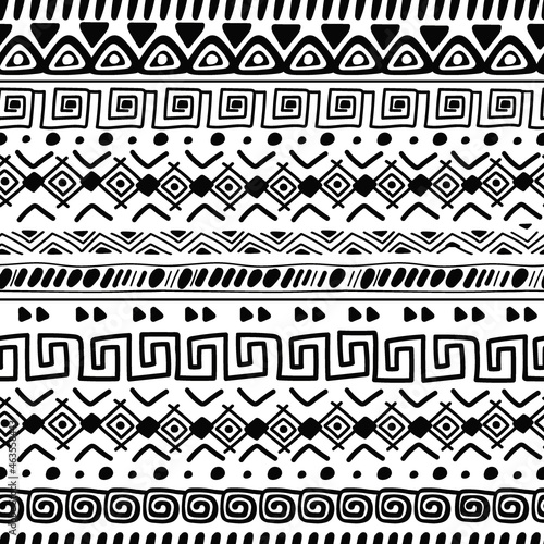 African decorative pattern. Tribal ornament, tiki ethnic design. Native mexican black background. Maya print, geometric doodle decent seamless texture