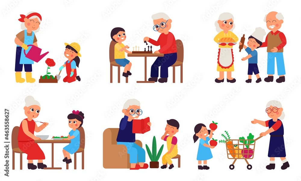 Children with grandparents. Cartoon grandparent spend time with grandchildren. Cute grandson and granny, elderly people family decent vector set