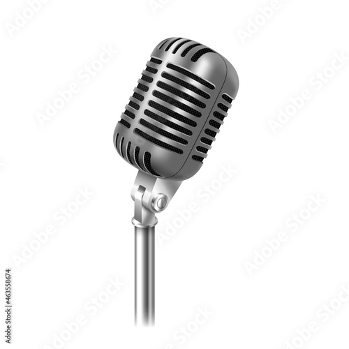 Vintage chrome microphone for stage speaking, vocal performance, standup entertainment