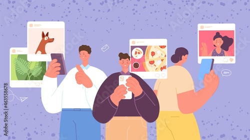 Adults with smartphones. Social media, post photos. People communication, look and like posts vector concept