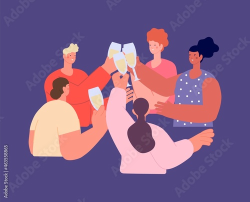 Friends celebrate. Cheers, people drink champagne. New year party, birthday celebration. Guys drinking together in bar or restaurant vector concept