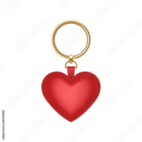 Realistic keychain red heart shape, holder for key with ring. Fob, accessory or souvenir trinket