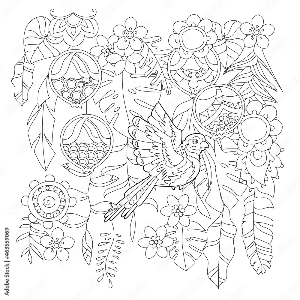 Contour linear illustration for coloring book with paradise bird in flowers. Tropic parrot,  anti stress picture. Line art design for adult or kids  in zen-tangle style, tattoo and coloring page.