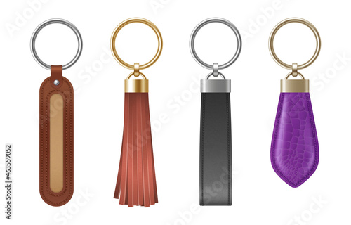 Keychain set, holder trinket for key with golden or silver chain and ring. Realistic fob for car