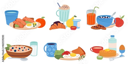 Different breakfast food. Serving meal, cooked healthy dish for dinner or lunch. Traditional morning menu, toasts and drinks. Brunch decent vector kit