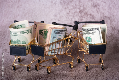 Three shopping baskets with dollars in them on a gray background. Financial and banks concept.