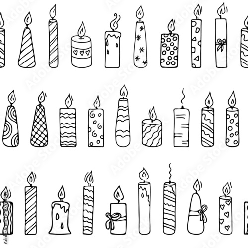 Doodle candles seamless pattern.Decoration for birthday party or romantic dinner for Valentine's Day.Festive hand-drawn wallpaper candlelight with wick and wax.Backdrop for holiday atmosphere