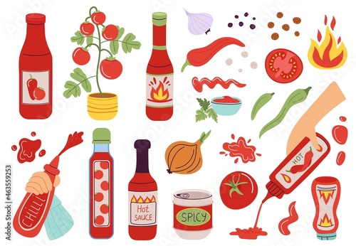 Spicy sauce. Different pepper and tomato sauces, red bottles. Hands squeeze out topping for food, onion and chilli. Ketchup drops decent vector kit