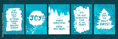 Christmas and New Year greeting cards set. Winter snow forest, tree, landscape. Place for text.