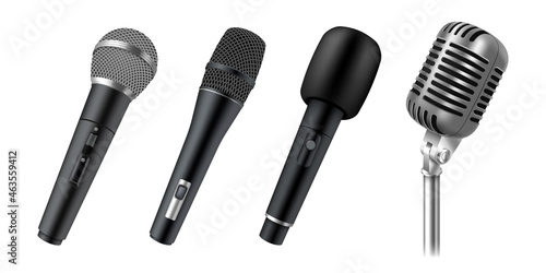 Set of realistic microphones for stage, vocal, karaoke or public speech. Modern audio equipment photo