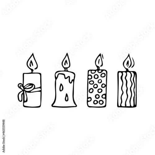 Doodle candles set.Decoration for birthday party or romantic dinner for Valentine's Day.Festive hand-drawn collection candlelight with wick and wax.Elements for creating holiday atmosphere.Isolated
