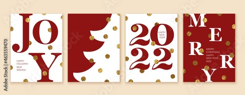 Shiny, festive Christmas, New Year greeting cards collection. Red and golden foil, glitter texture.