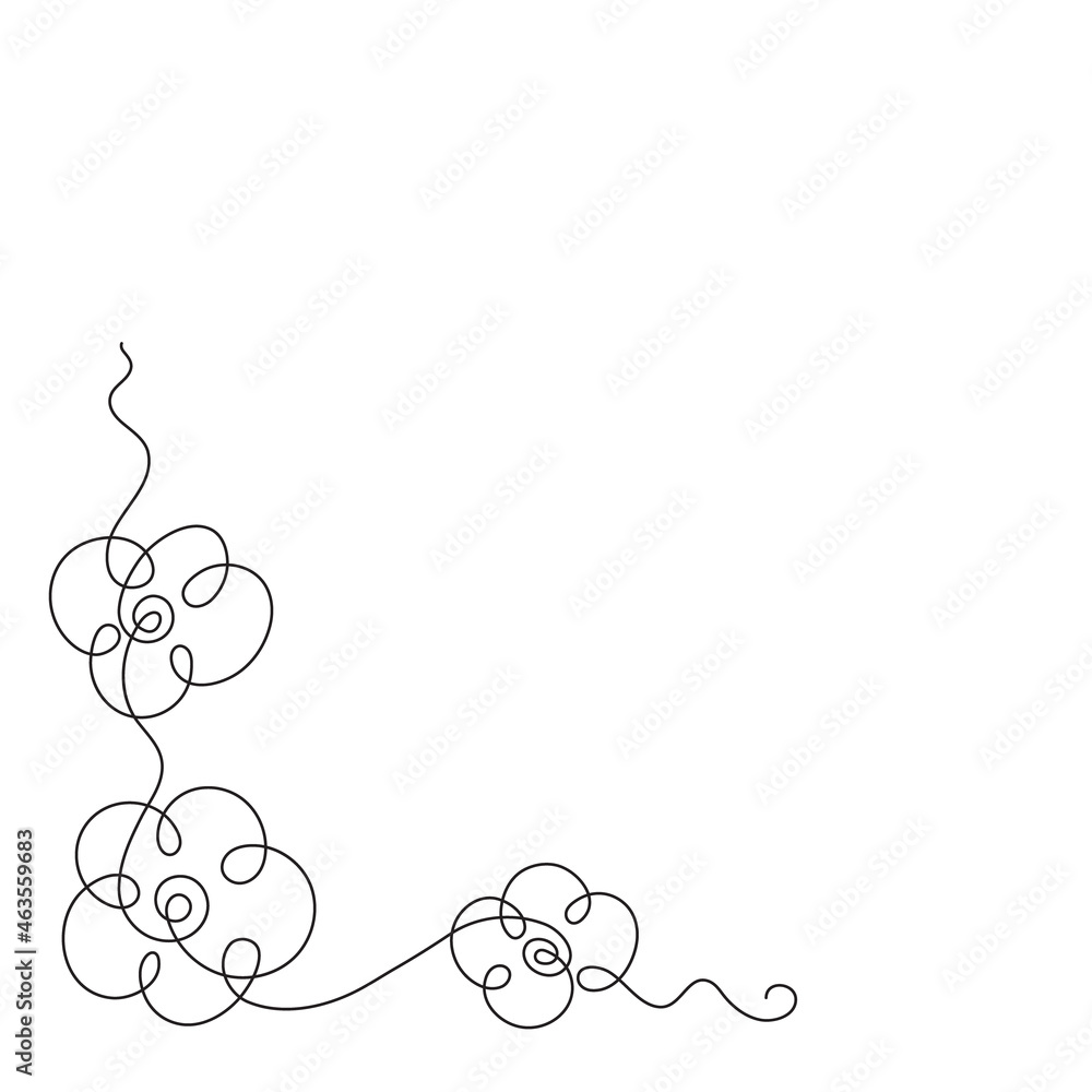 Hand-drawn floral corner, one line art, stylized continuous contour. Botanical decor element,template.Doodle, sketch style, minimalizm.Use for invitations,cards,holiday labels.Isolated.Vector