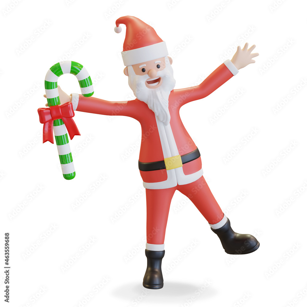 santa claus holding candy cane christmas 3d illustration