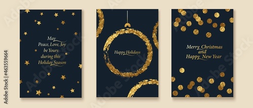 Shiny, festive Christmas, New Year greeting cards collection. Golden foil, glitter texture. Dotty background, stars.