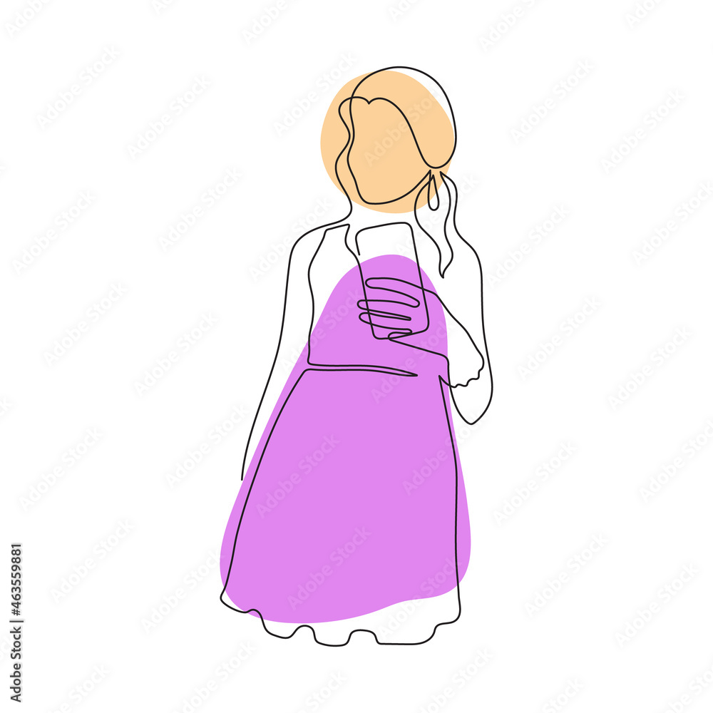 Girl with smartphone,one line art,hand drawn,stylized continuous contour with abstract spots.Young woman makes selfie photo for stories,use phone for video call.Doodle,sketch style,minimalism.Vector Girl with smartphone,one line art,hand drawn,stylized continuous contour with abstract spots.Young woman makes selfie photo for stories,use phone for video call.Doodle,sketch style,minimalism.Vector