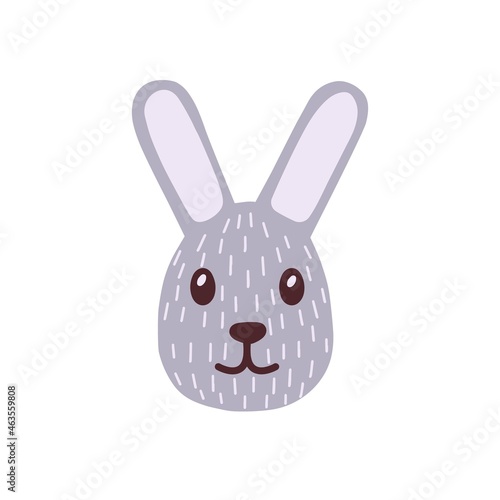 Cute funny face of bunny. Adorable baby hare's head. Rabbit's muzzle in doodle style. Amusing little young animal with lovely eyes and long ears. Flat vector illustration isolated on white background