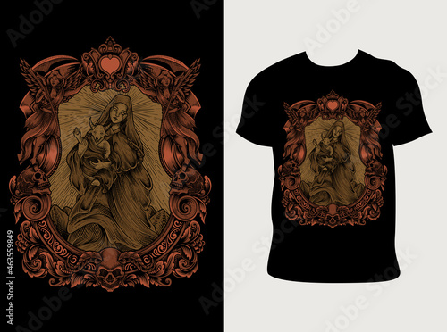 illustration baby baphomet and mother with engraving ornament style