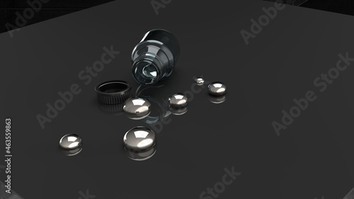 beautiful mercury drops - front view of open medication glass bottle mirroring + reflecting shadow with leaked mercury drops in front - 3D illustration - copy space