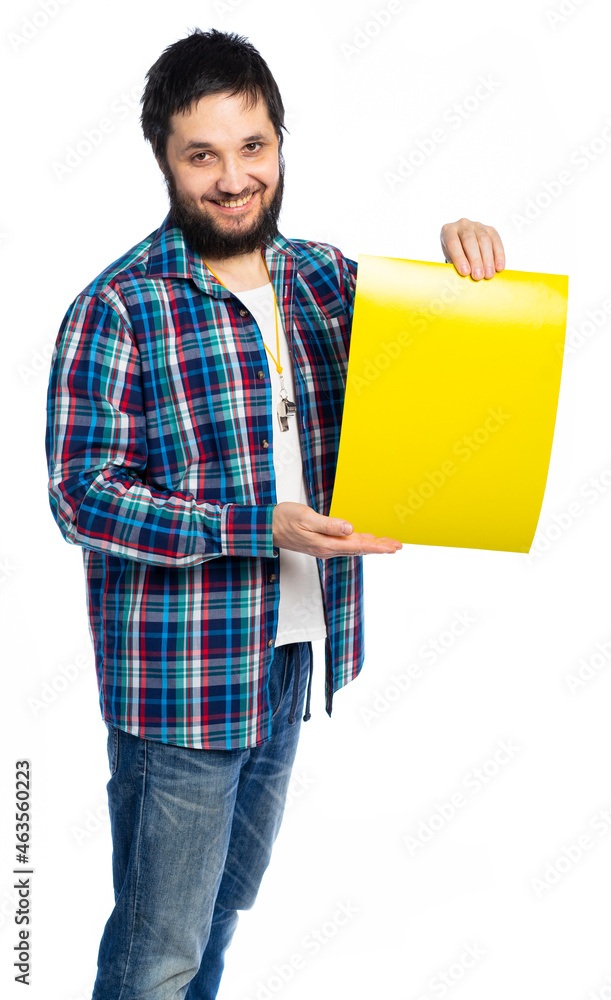 the fan presents himself as a judge at a sports game. football referee with red card, ball and whistle. place for inscription the fan presents himself as a judge at a sports game. football referee with red card, ball and whistle. place for inscription