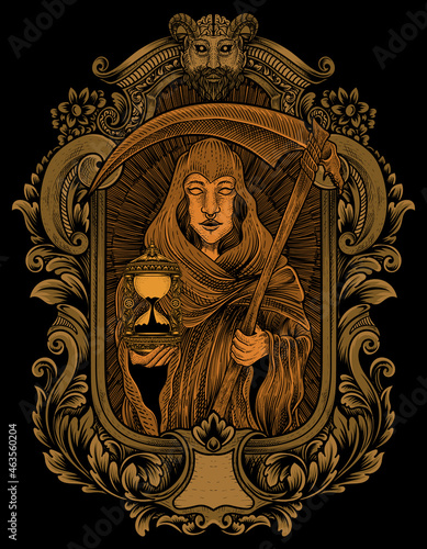 illustration death angel woman with engraving ornament style
