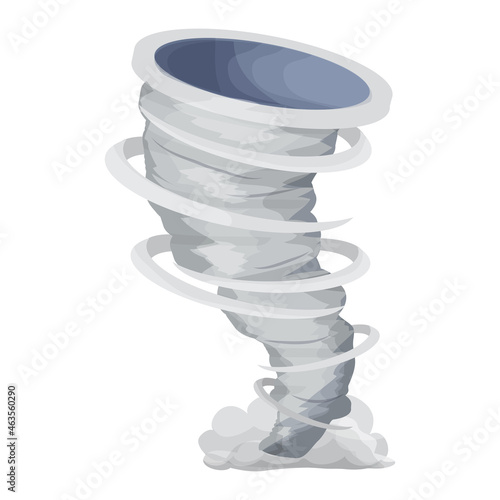 Tornado, hurricane with cloud of dust in cartoon style isolated on white background. Cataclysm, catastrophe or disaster symbol color icon. 