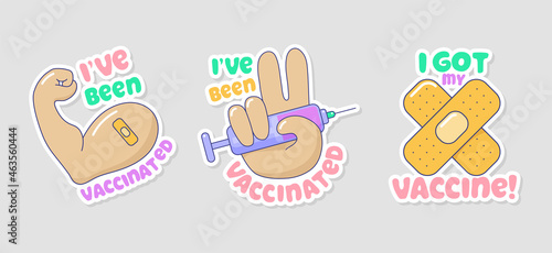 I have been vaccinated set of cartoon stickers. Covid-19 immunization campaign icons. Injection, prevention of virus spread, treatment vector illustration