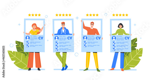 Job Seekers Characters Men and Women Holding CV Stand in Row. Work Hiring Concept. Corporate Employees Vacancy