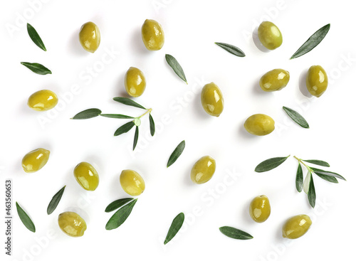 Green ripe olives isolatyed on white background. Pattern. Top view