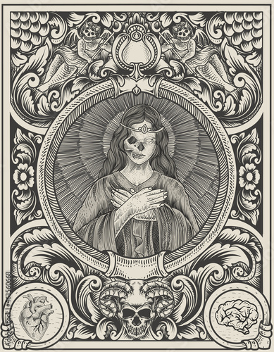 illustration santa maria skull with engraving style
