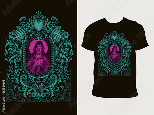 illustration santa maria skull with engraving style