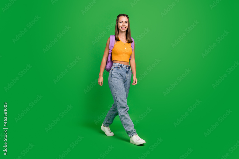 Full size photo of millennnial brunette lady go wear bag top jeans shoes isolated on green color background Full size photo of millennnial brunette lady go wear bag top jeans shoes isolated on green color background