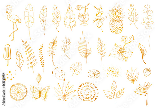 Watercolor hand painted tropical golden line elements: palm leaves, flowers, flamingo, summer fruits