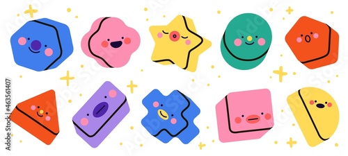 3d geometric shapes emotions. Cute basic figures with funny faces, square triangle and circle forms, kids creative educational elements bright colors, cartoon characters vector isolated set